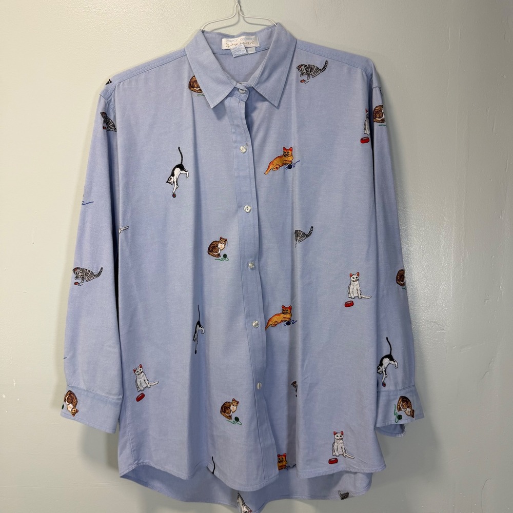 Vintage 90s Y2K Casey Coleman Novelty Cat Embroidered Button Down Shirt Blue ML
